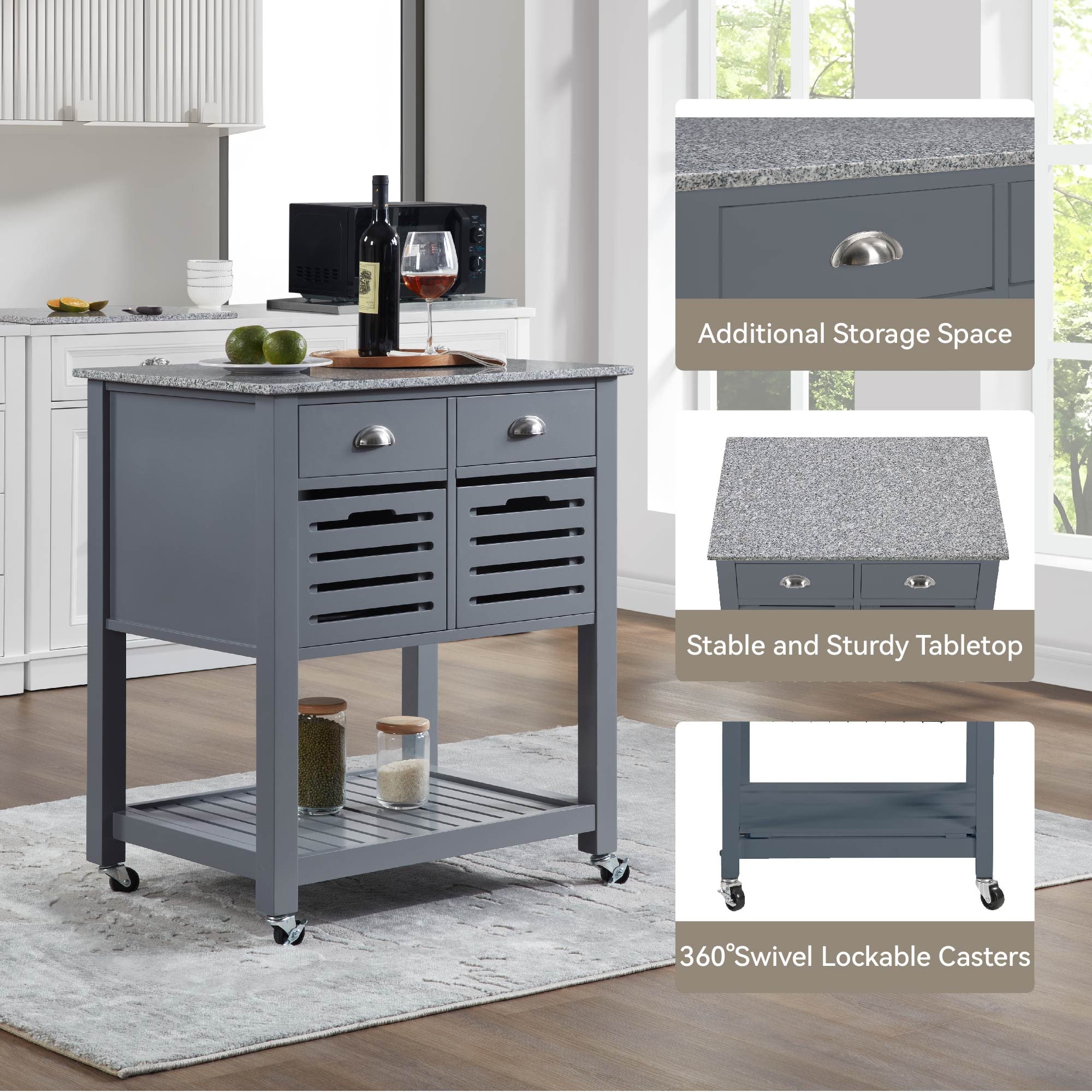 Mobile Rolling Kitchen Island Trolley Serving Cart With Underneath Drawer & Slide-Out Wire Storage Basket_voghion.com